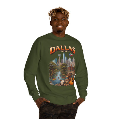 Dallas Skyline Crewneck Sweatshirt — Texas Cityscape & Acoustic Guitar Design
