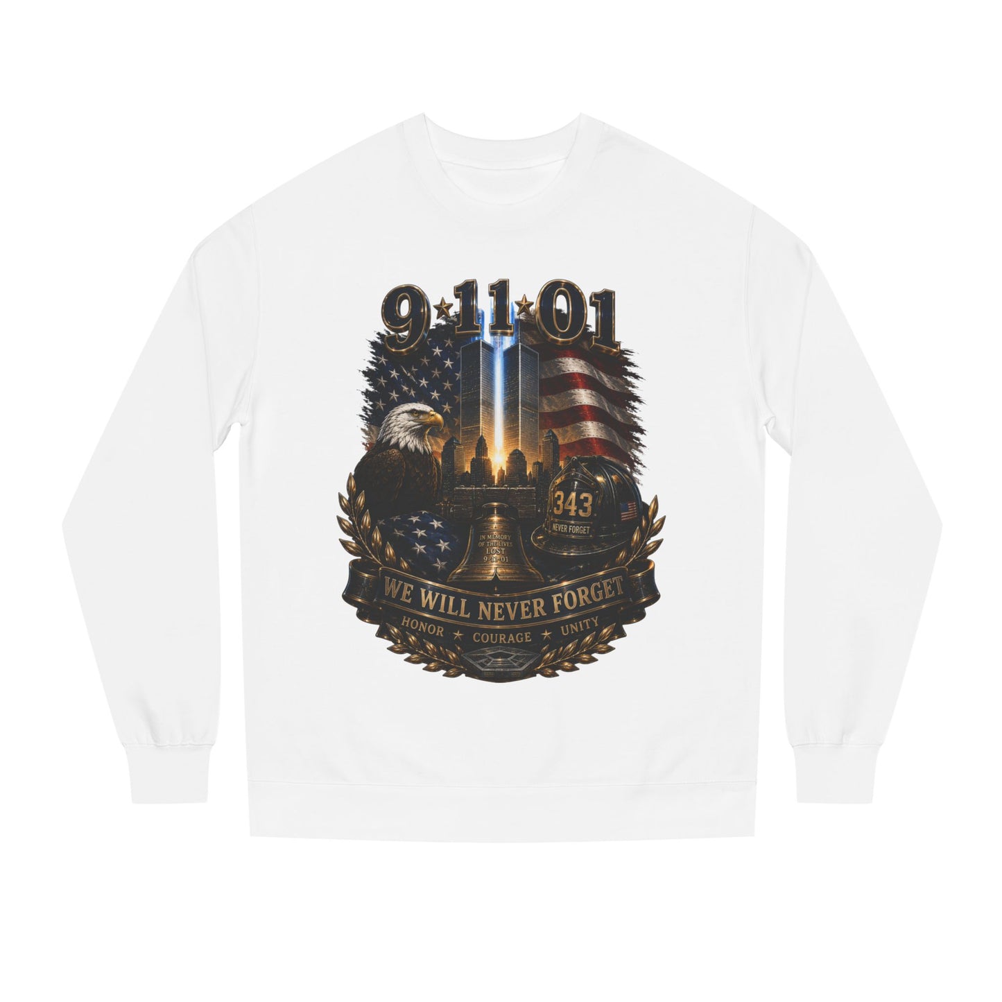 9/11 Remembrance Crewneck Sweatshirt — We Will Never Forget Memorial Tee