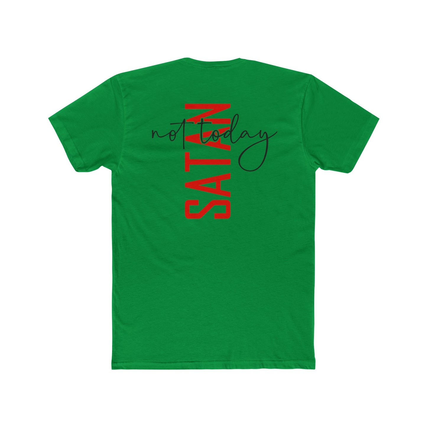 Crew Tee — "No Today Satan" Vertical Red Text Graphic T‑Shirt
