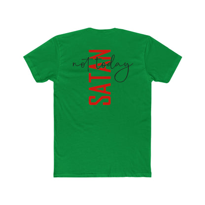Crew Tee — "No Today Satan" Vertical Red Text Graphic T‑Shirt