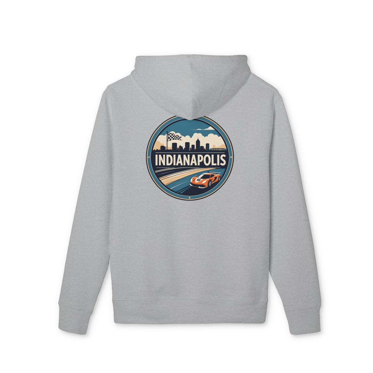 Indianapolis Racing Hoodie — Retro City Skyline & Racecar Design
