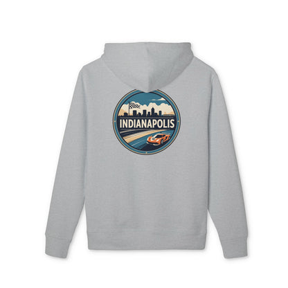 Indianapolis Racing Hoodie — Retro City Skyline & Racecar Design