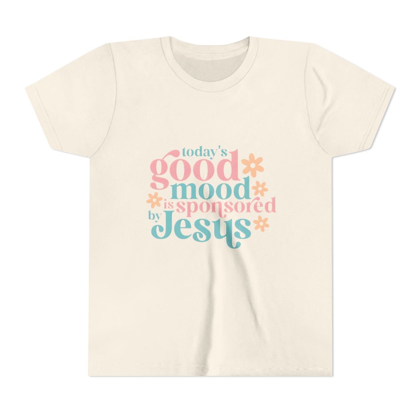 Youth Tee – "Today's Good Mood is Sponsored by Jesus" Retro Floral Christian Shirt