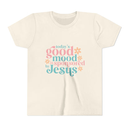 Youth Tee – "Today's Good Mood is Sponsored by Jesus" Retro Floral Christian Shirt