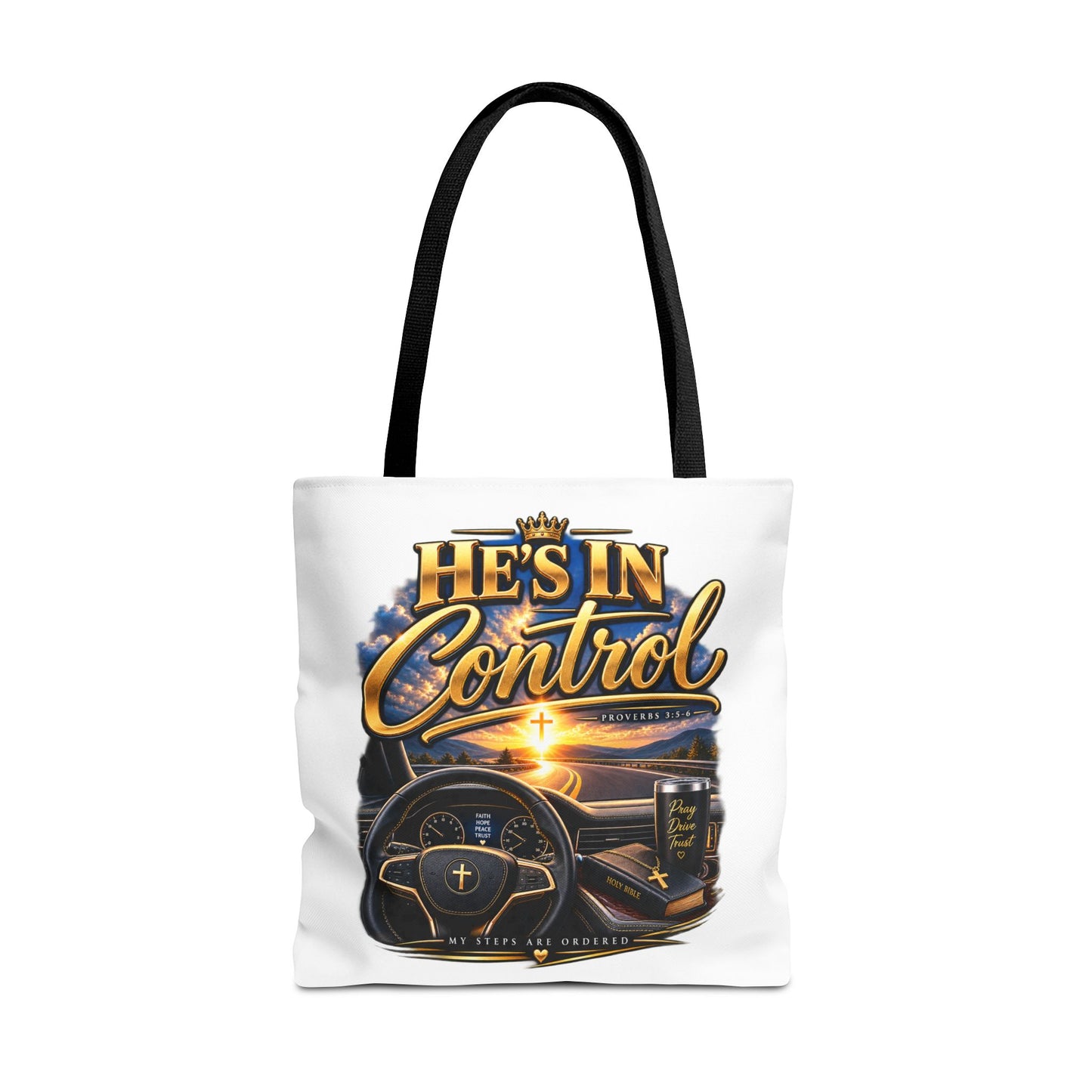 He's In Control Christian Tote Bag — Faith-Inspired Inspirational Grocery & Daily Carry AOP