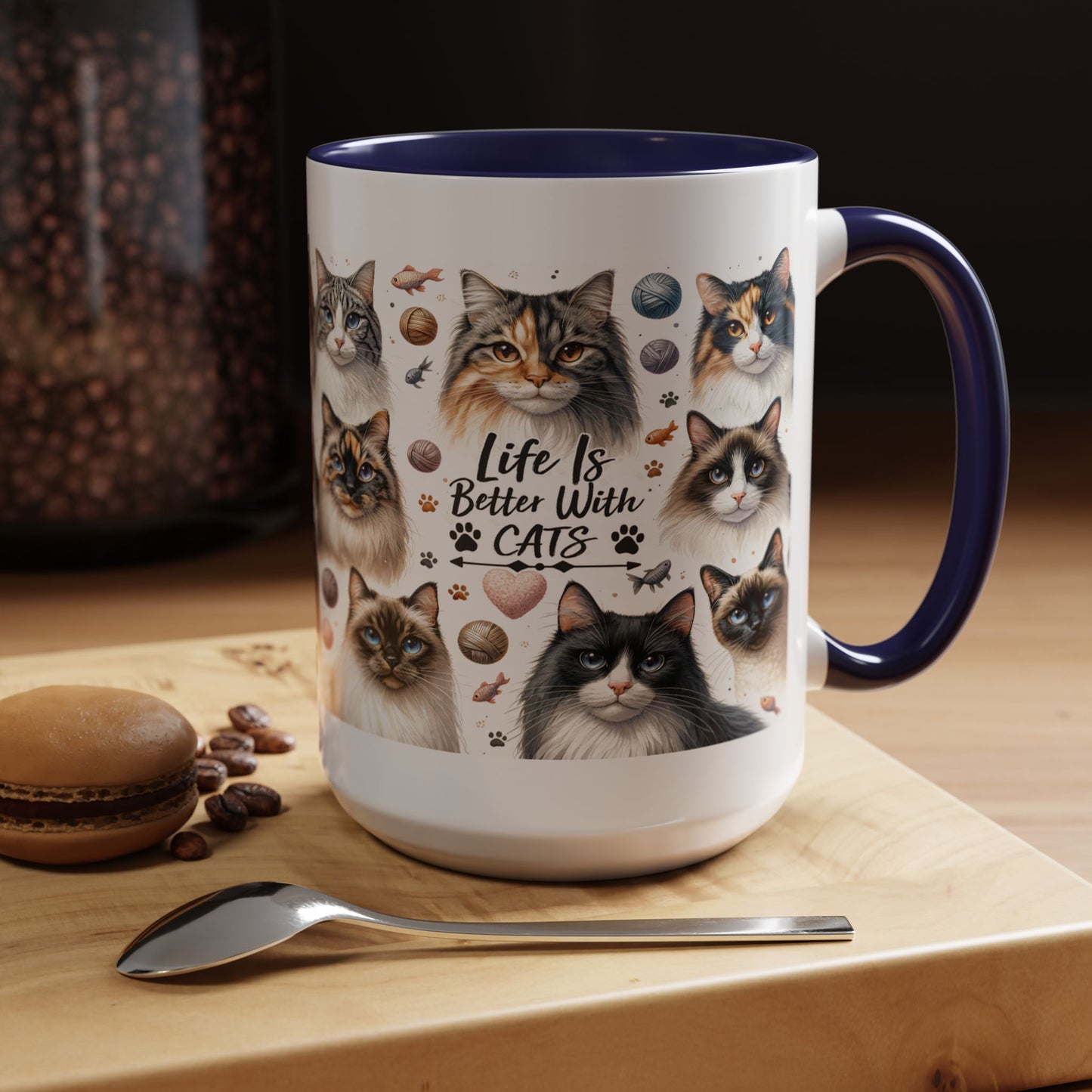 Life Is Better With Cats Accent Coffee Mug — Cat Lover Ceramic Mug (11/15oz)