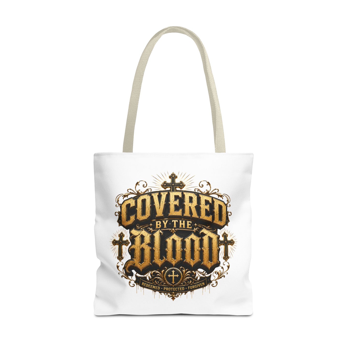 Covered by the Blood Tote Bag — Christian Cross Faith Canvas Tote