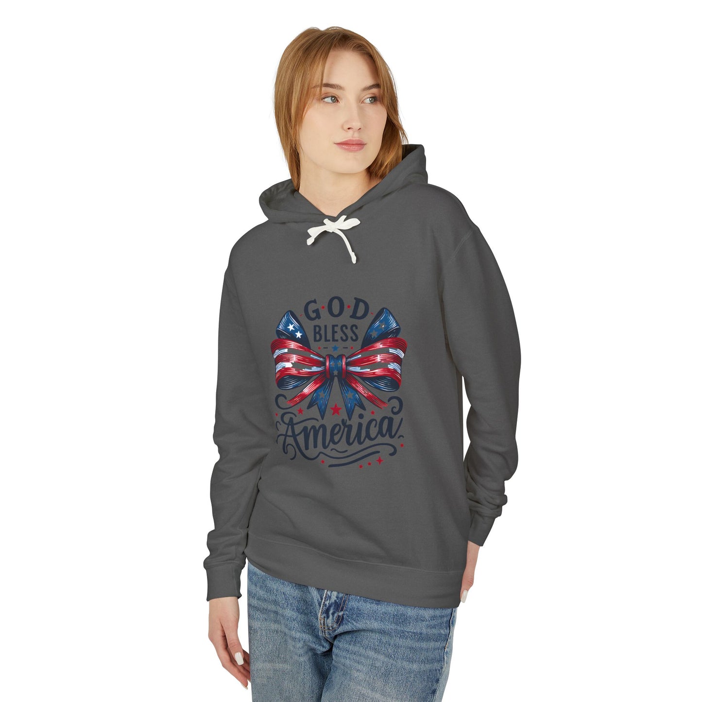 God Bless America Patriotic Hoodie – American Flag Bow Fourth of July Sweatshirt