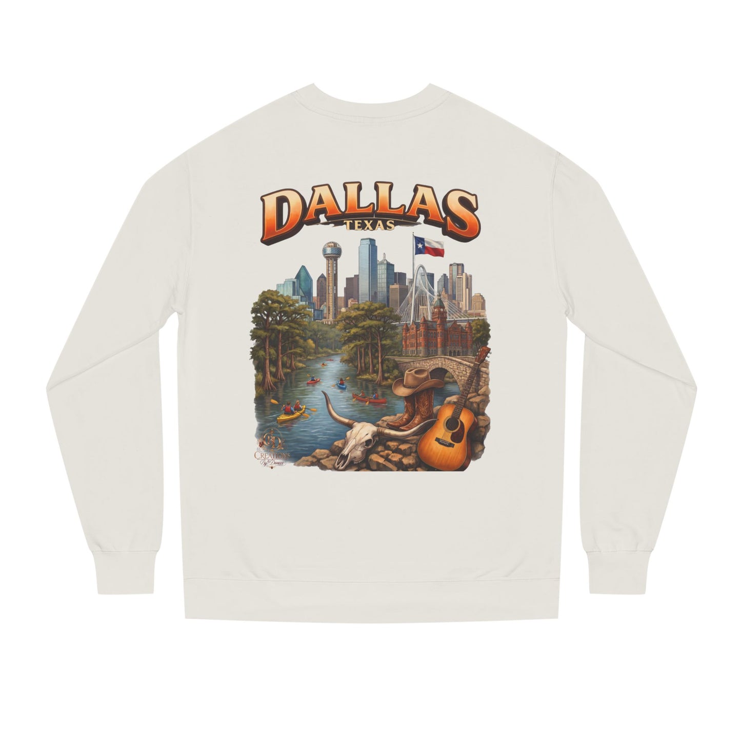 Dallas Skyline Crewneck Sweatshirt — Texas Cityscape & Acoustic Guitar Design