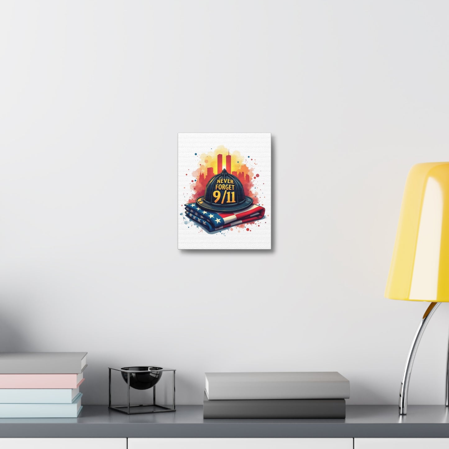 Never Forget 9/11 Stretched Canvas – Memorial Firefighter Helmet & American Flag Wall Art