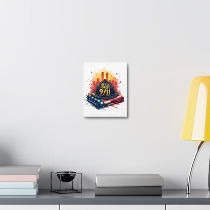 Never Forget 9/11 Stretched Canvas – Memorial Firefighter Helmet & American Flag Wall Art