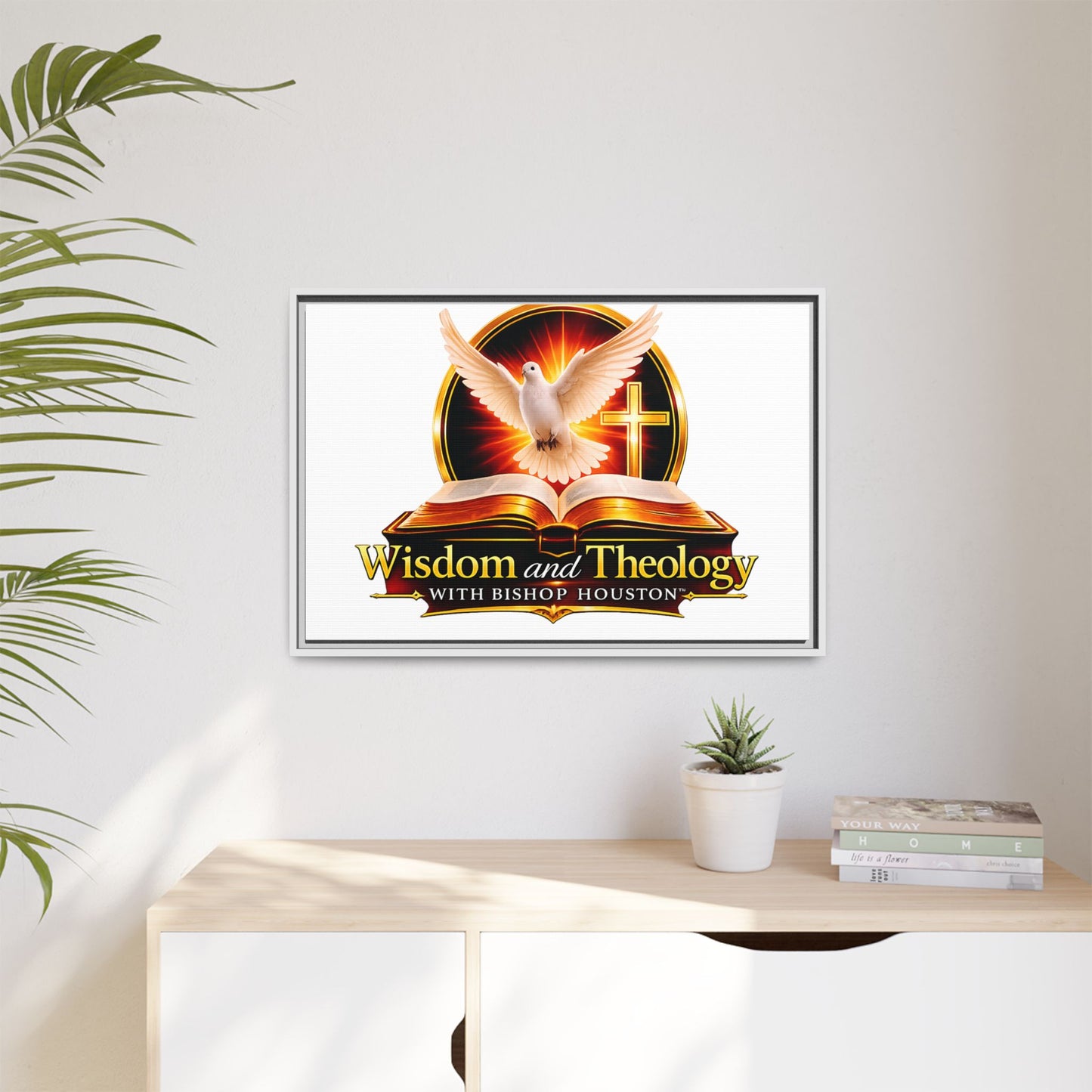 Framed Canvas Print — "Wisdom and Theology" Dove & Bible Wall Art