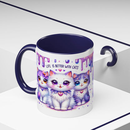 Cute Purple Kawaii Cats Accent Coffee Mug – "Life Is Better With Cats" (11/15 oz)