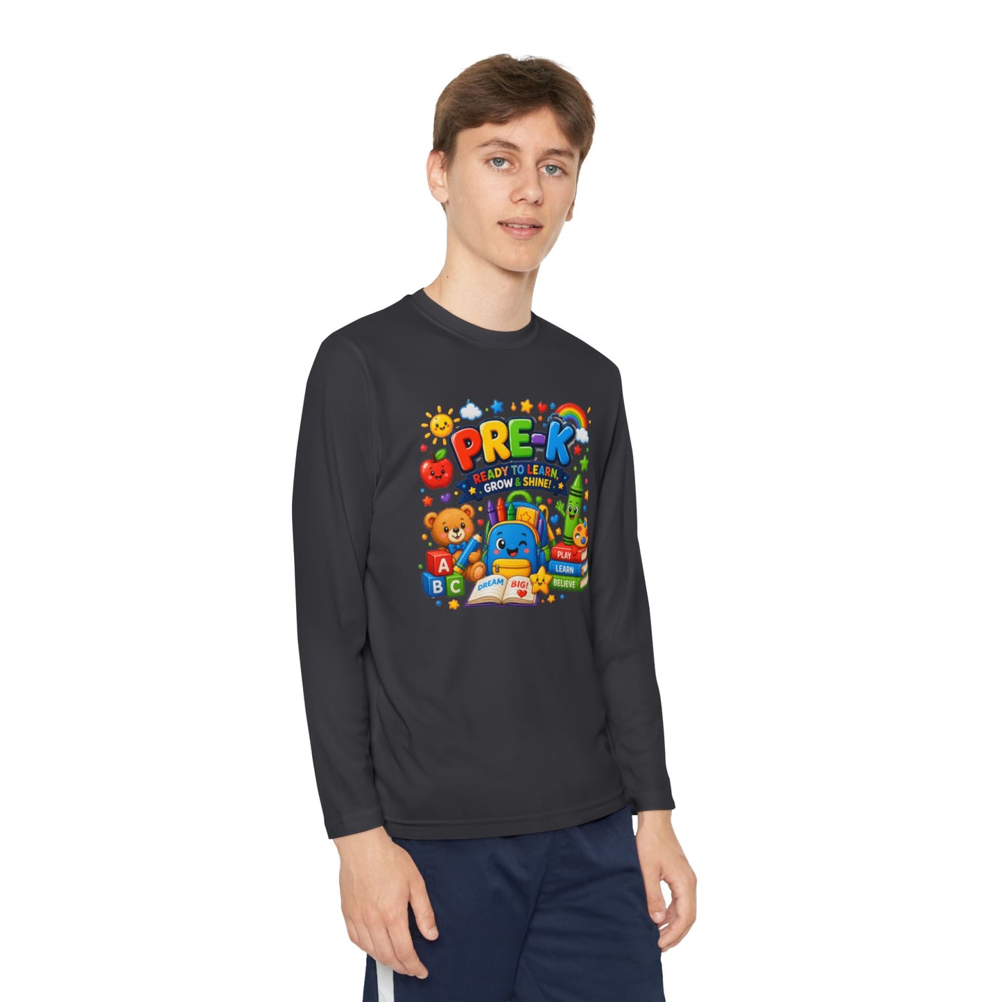 PRE-K Kids Long Sleeve Tee — Back-to-School Preschool Shirt ("Ready to Learn, Grow & Shine")