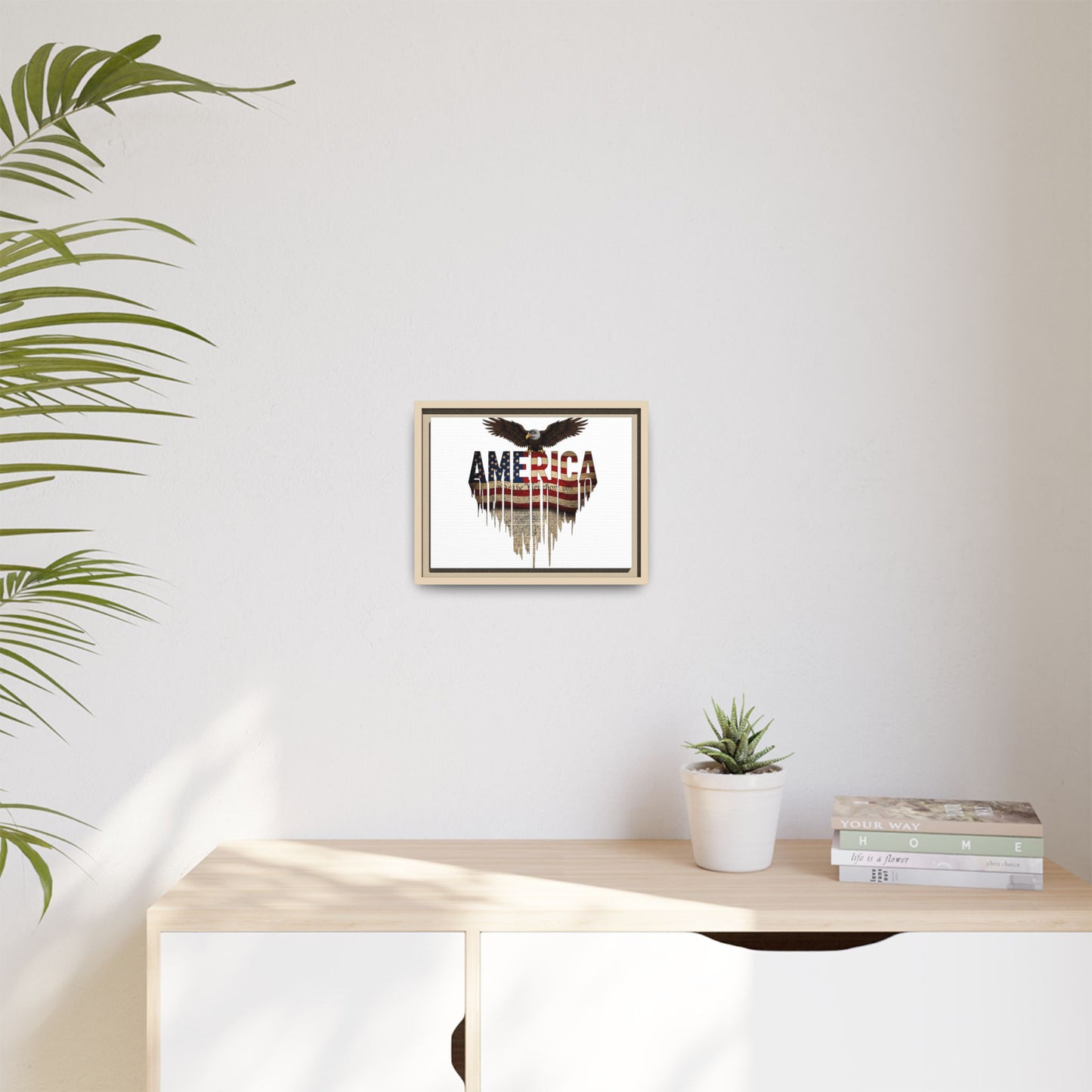America Eagle Matte Canvas Framed Wall Art — Patriotic USA Flag Typography Print