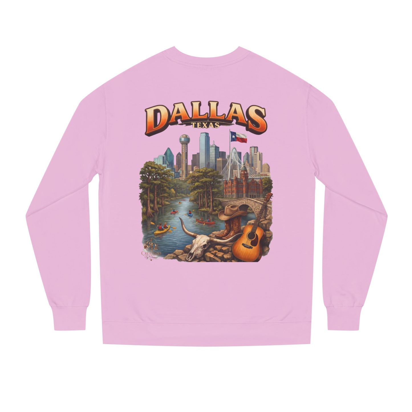 Dallas Skyline Crewneck Sweatshirt — Texas Cityscape & Acoustic Guitar Design