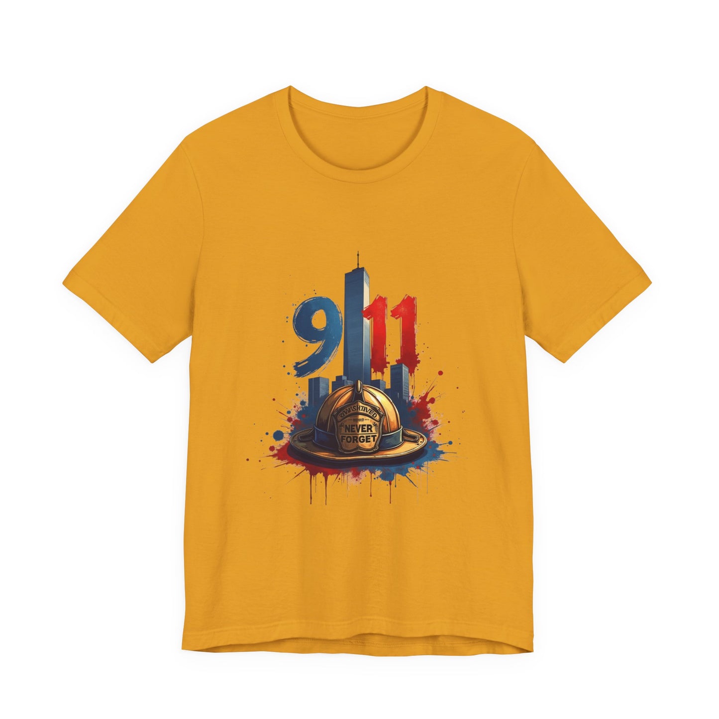 9/11 Firefighter Memorial Tee — Tribute T-Shirt with Helmet & Twin Towers Design
