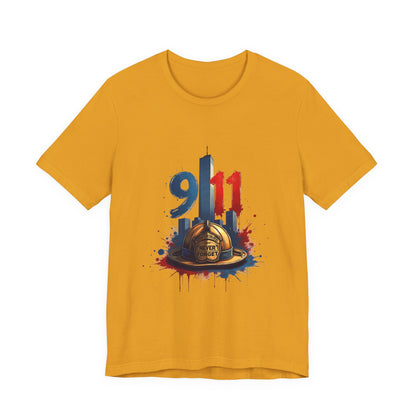 9/11 Firefighter Memorial Tee — Tribute T-Shirt with Helmet & Twin Towers Design