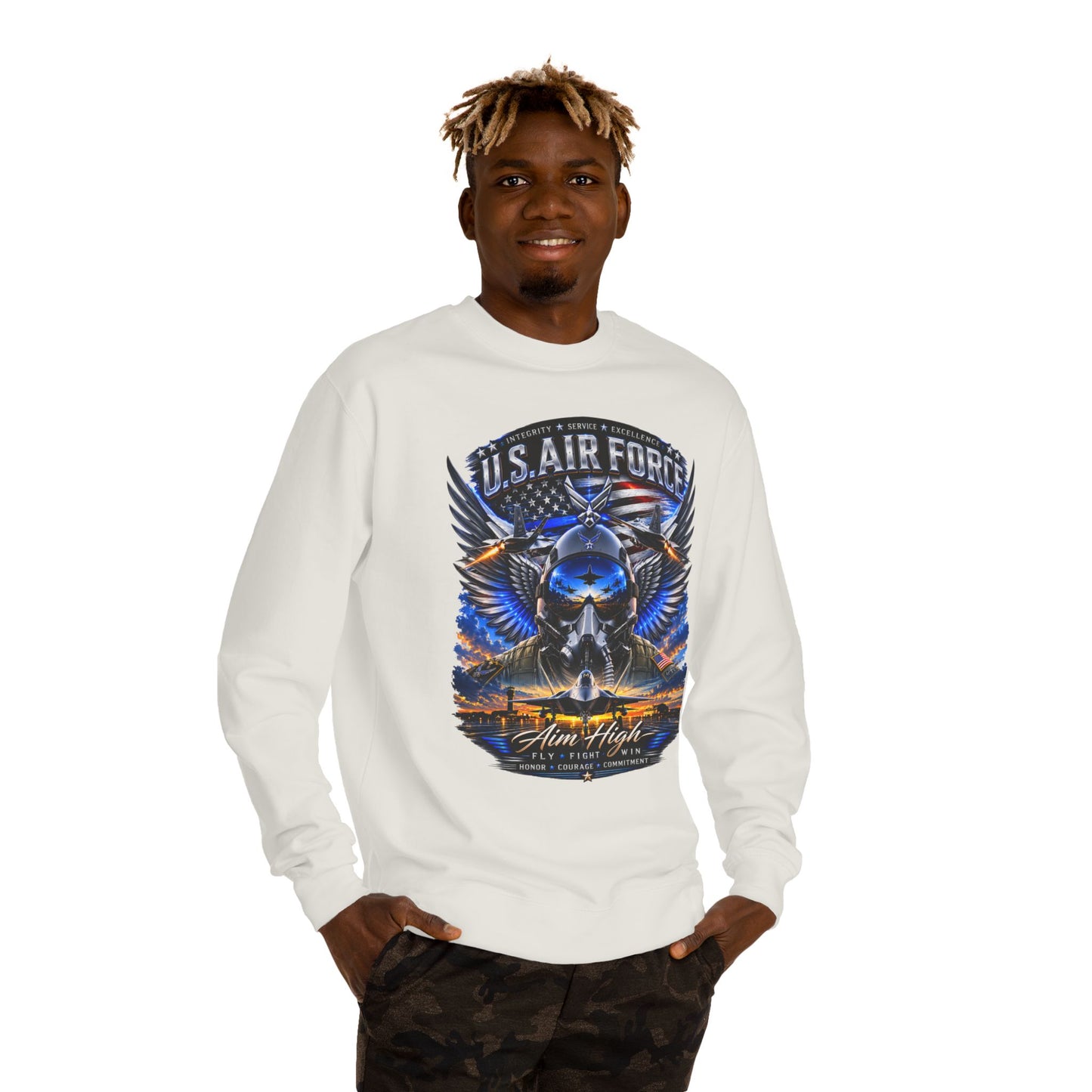 U.S. Air Force Crewneck Sweatshirt — "Aim High" Fighter Jet Graphic