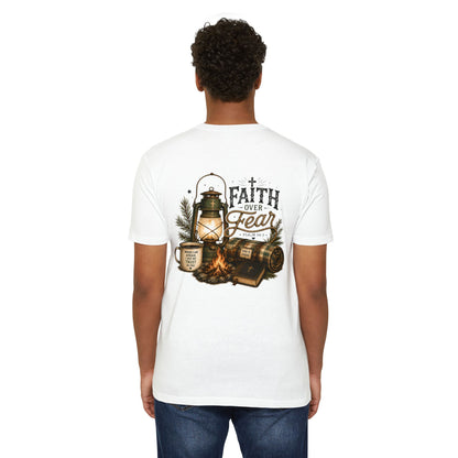 Faith Over Fear T-Shirt — Christian Camping Lantern & Bible Graphic