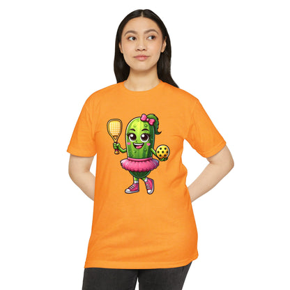 Pickle Paddleball T-Shirt — Cute Pickle Character in Tutu with Paddle & Ball