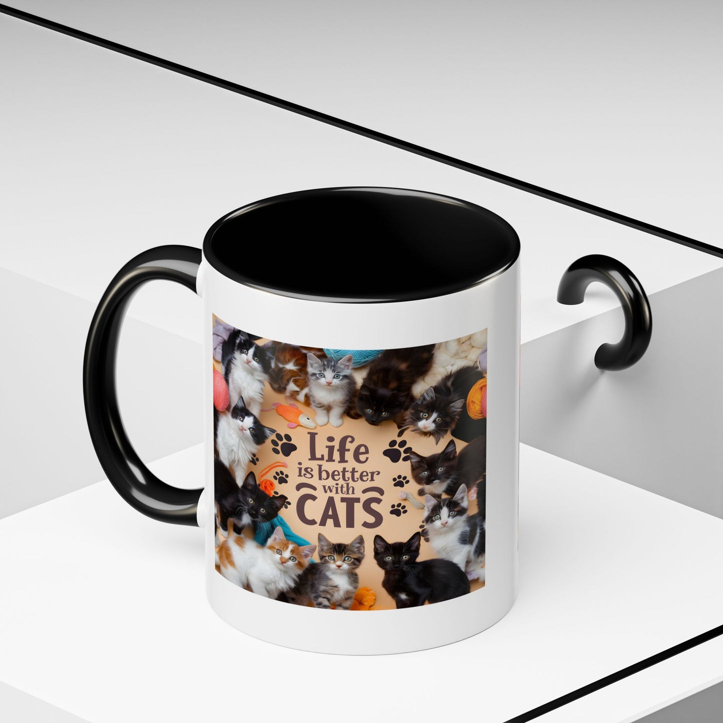 Cat Lover Accent Coffee Mug — “Life Is Better With Cats” 11/15oz