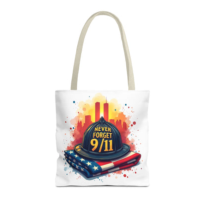 Never Forget 9/11 Memorial Tote Bag — Firefighter Helmet & Flag Tribute