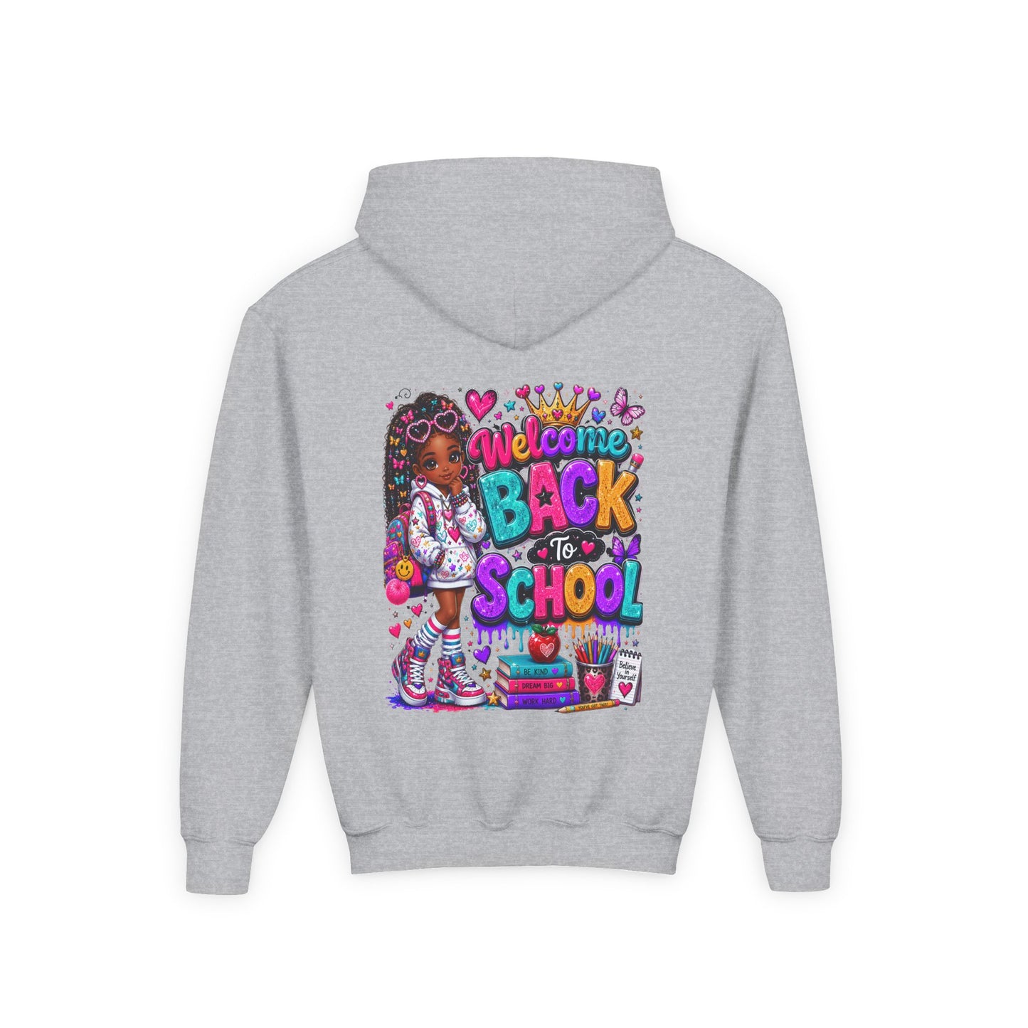 Welcome Back to School Youth Hoodie — Colorful Girl Backpack Design