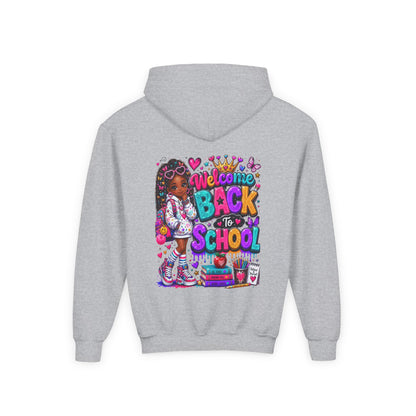 Welcome Back to School Youth Hoodie — Colorful Girl Backpack Design