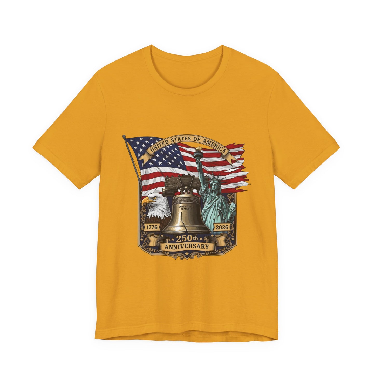Liberty 250th Anniversary T-Shirt — American Flag, Liberty Bell & Statue of Liberty Tee