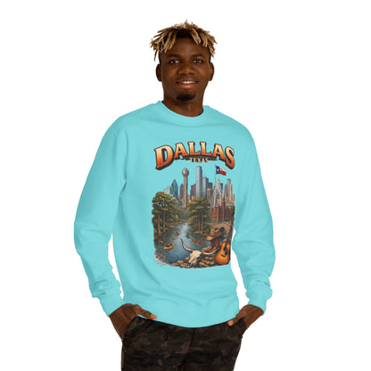 Dallas Skyline Crewneck Sweatshirt — Texas Cityscape & Acoustic Guitar Design