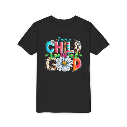 Youth Tee — "I Am a Child of God" Floral Christian Graphic