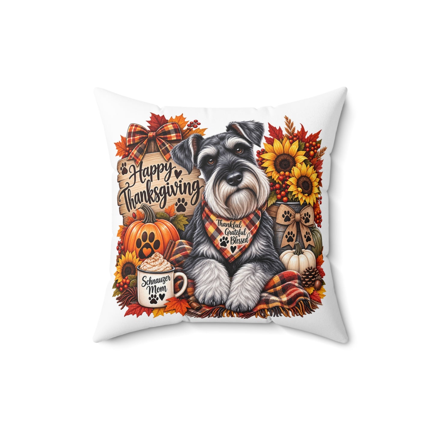 Happy Thanksgiving Schnauzer Pillow — Fall Decor Square Cushion