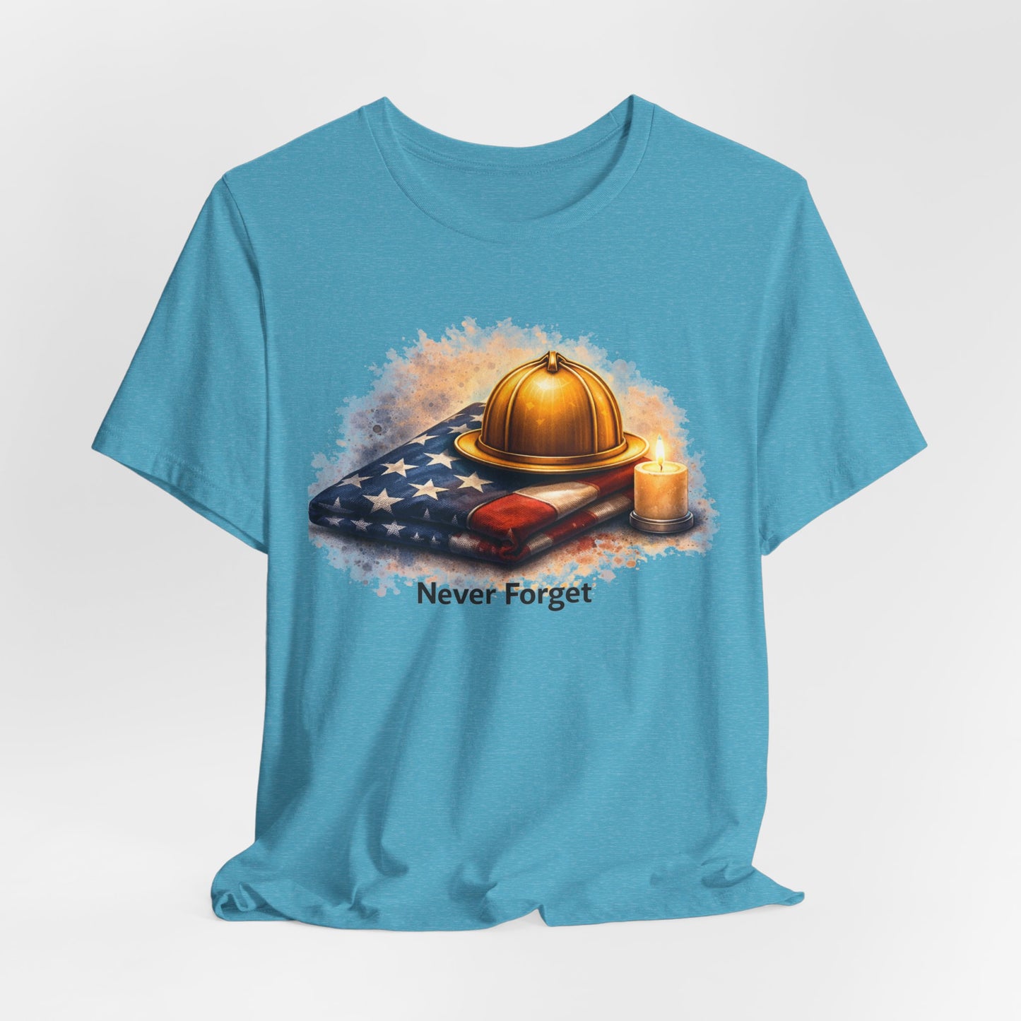Never Forget Memorial T‑Shirt — Firefighter Helmet & Flag Tribute