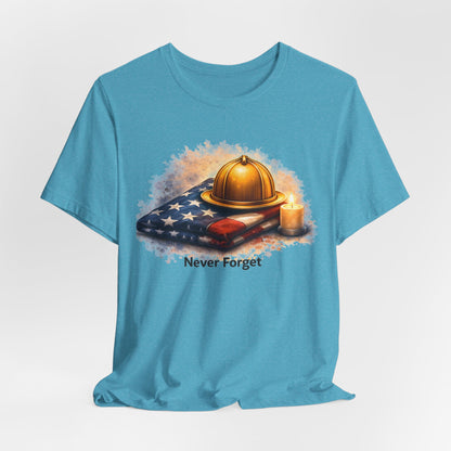 Never Forget Memorial T‑Shirt — Firefighter Helmet & Flag Tribute