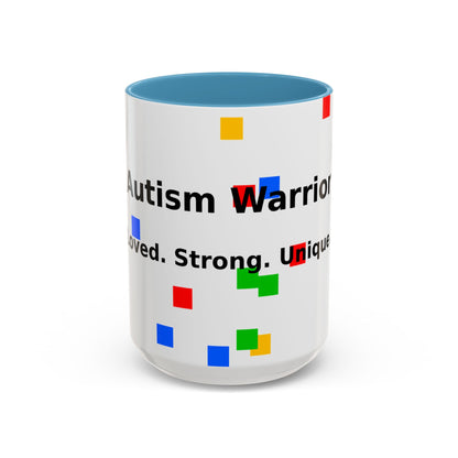 Autism Warrior Accent Coffee Mug – Bold Puzzle Pieces, Proud. Strong. Unique. (11/15oz)