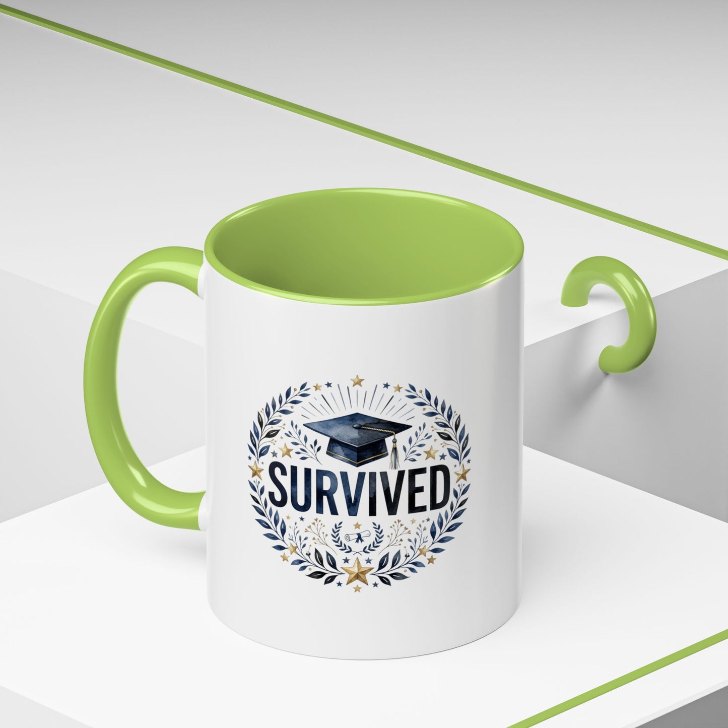 Survived Graduation Coffee Mug — Floral Laurel Grad Cap Accent Mug (11/15oz)