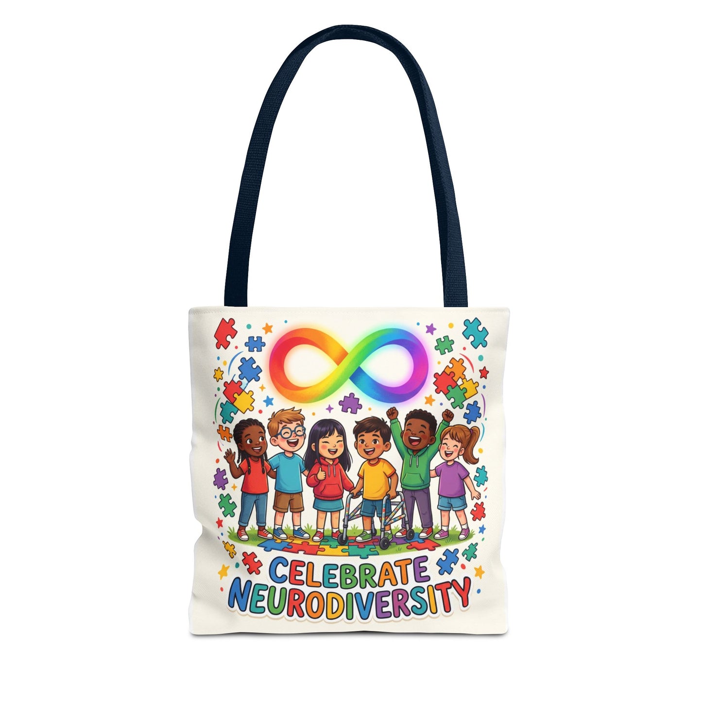 Celebrate Neurodiversity Tote Bag — Rainbow Infinity Symbol & Kids Design