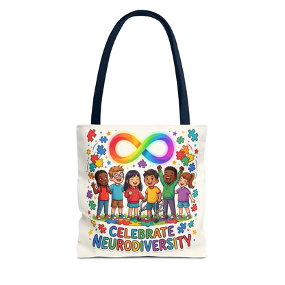 Celebrate Neurodiversity Tote Bag — Rainbow Infinity Symbol & Kids Design