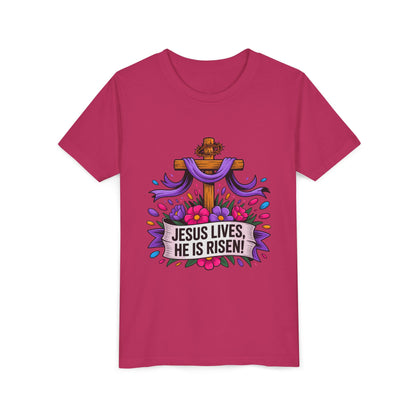 Youth Tee — "Jesus Lives, He Is Risen!" Easter Christian Tee