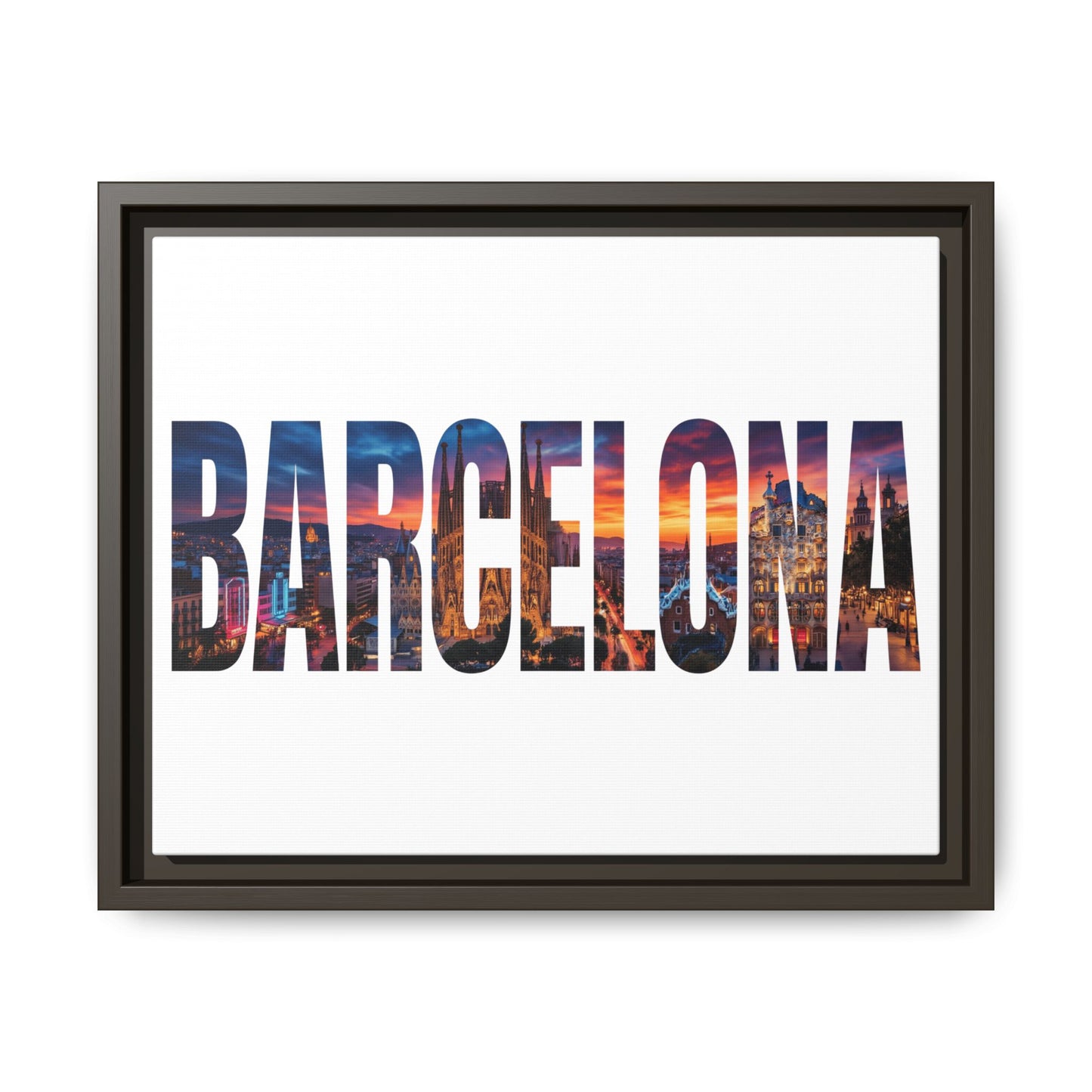 Barcelona Photo-Text Matte Canvas Print — Framed Cityscape Wall Art