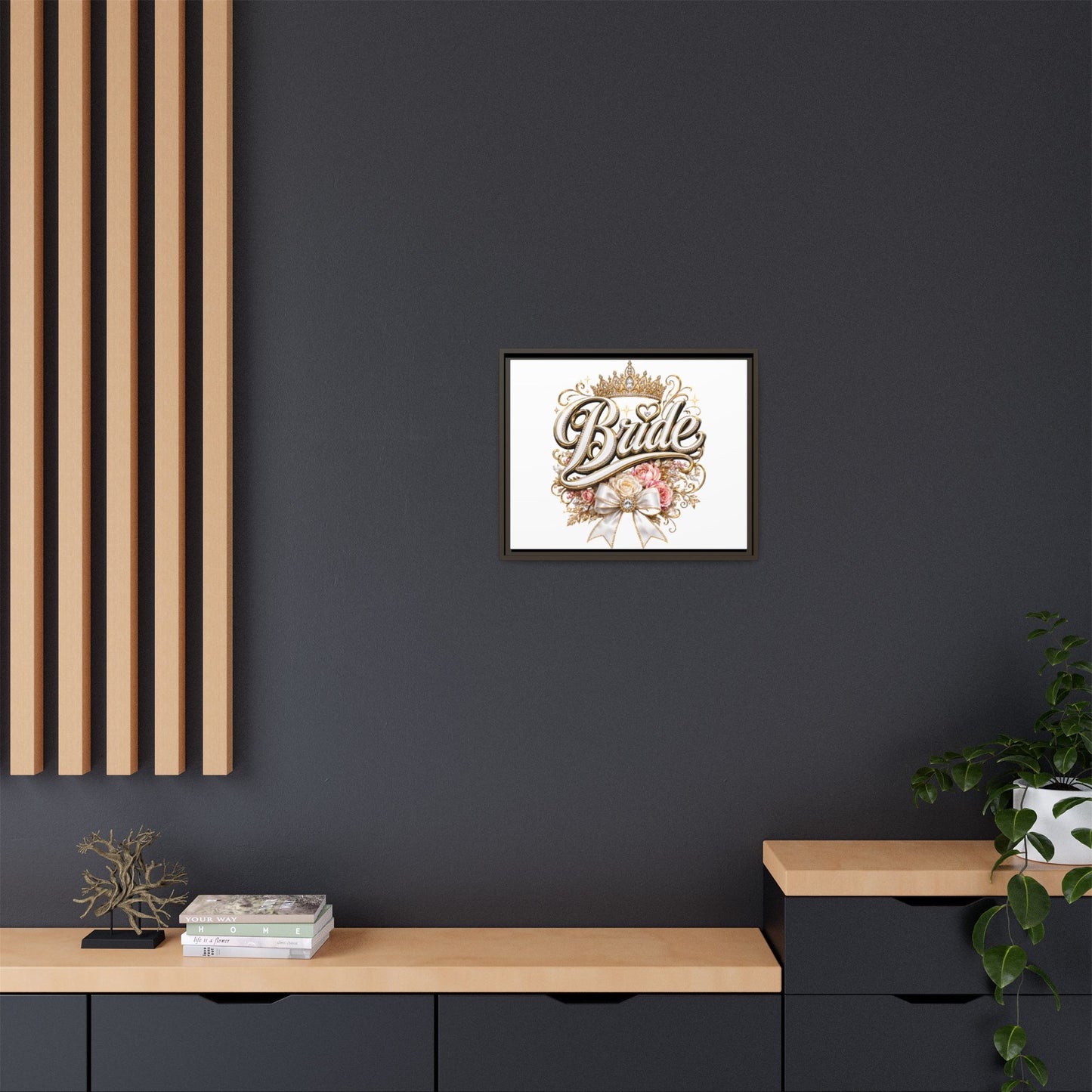 Framed Bride Canvas Wall Art — Elegant Bridal Crown & Floral Wedding Decor