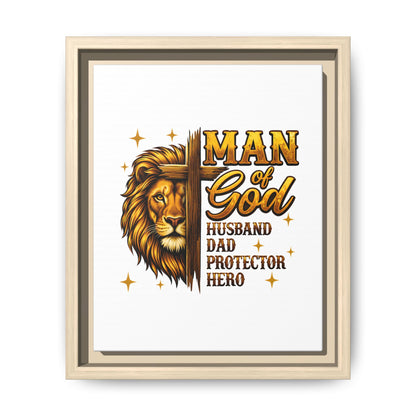 Man of God Framed Canvas Art — 'Man of God: Husband, Dad, Protector, Hero' Religious Wall Decor