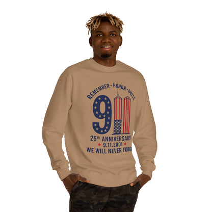 9/11 Remembrance Crewneck Sweatshirt — 25th Anniversary "We Will Never Forget"