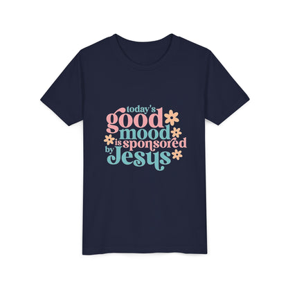 Youth Tee – "Today's Good Mood is Sponsored by Jesus" Retro Floral Christian Shirt