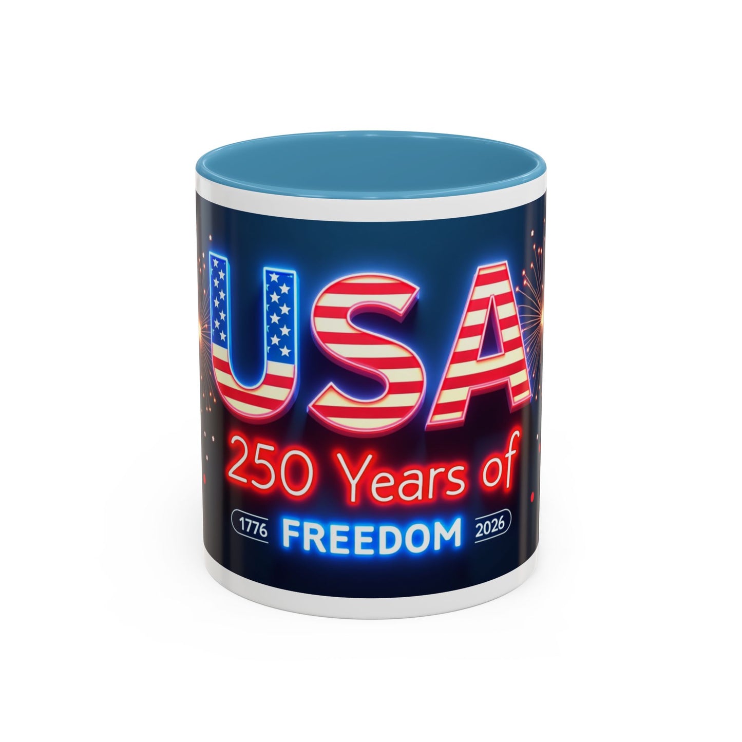 USA 250 Years of Freedom Accent Coffee Mug — Patriotic 1776–2026 Fireworks Design (11/15oz)