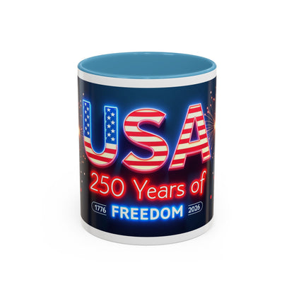 USA 250 Years of Freedom Accent Coffee Mug — Patriotic 1776–2026 Fireworks Design (11/15oz)