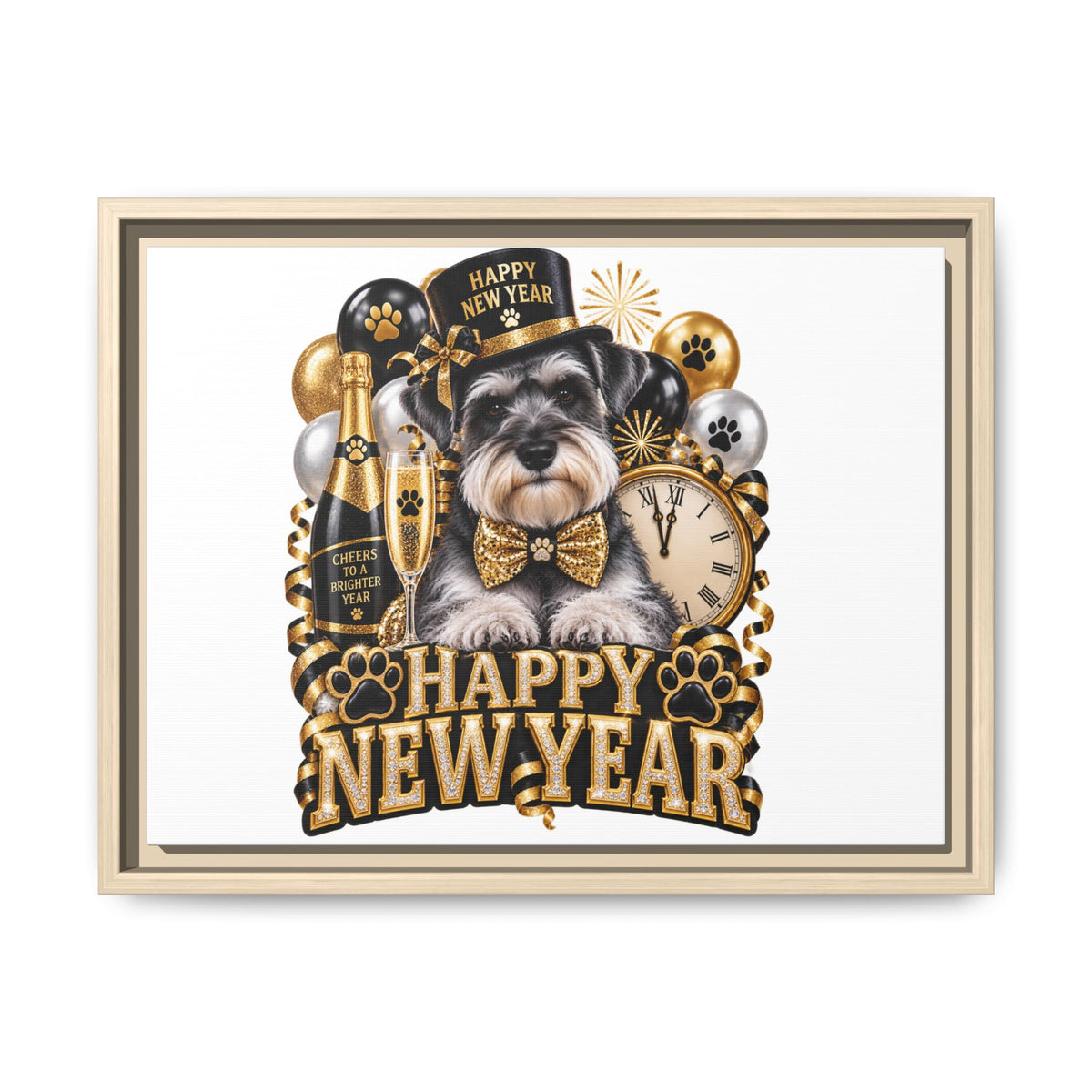 Happy New Year Schnauzer Matte Canvas Framed Art