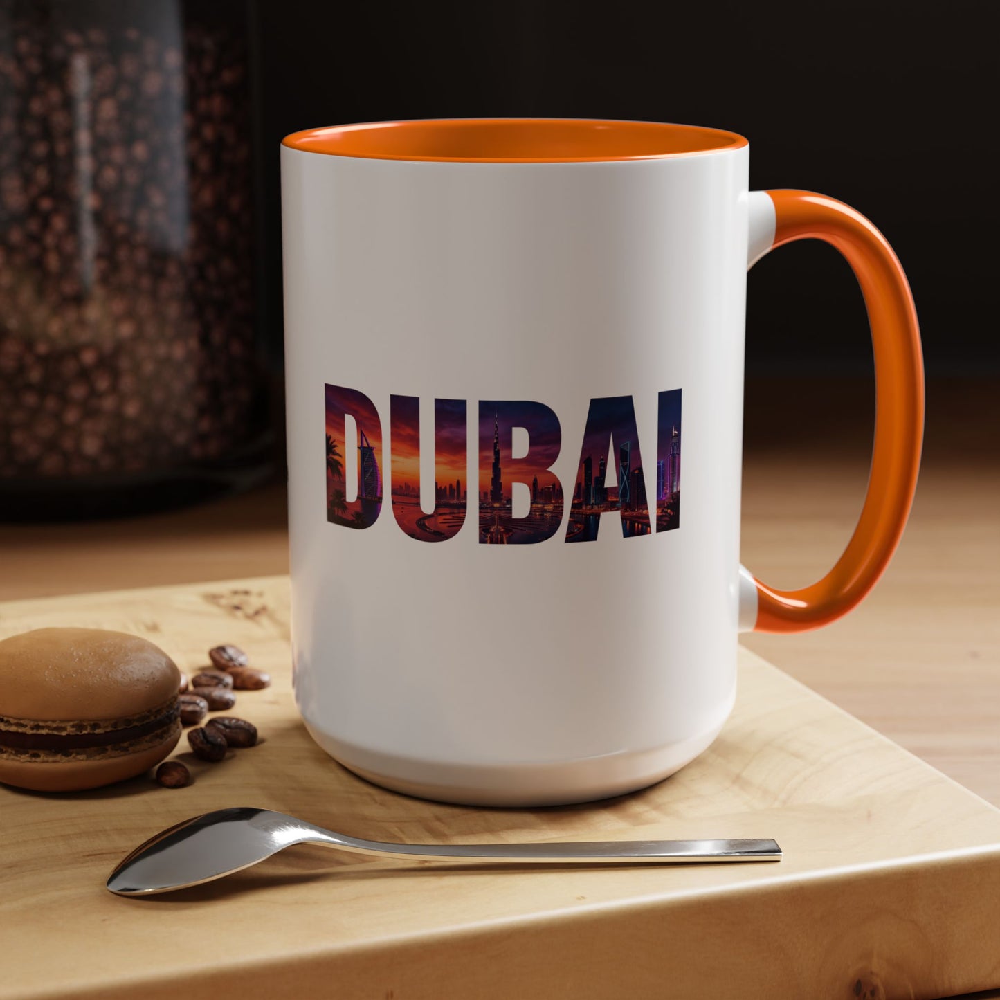 Dubai Skyline Accent Coffee Mug — Sunset City Photo Text (11/15oz)