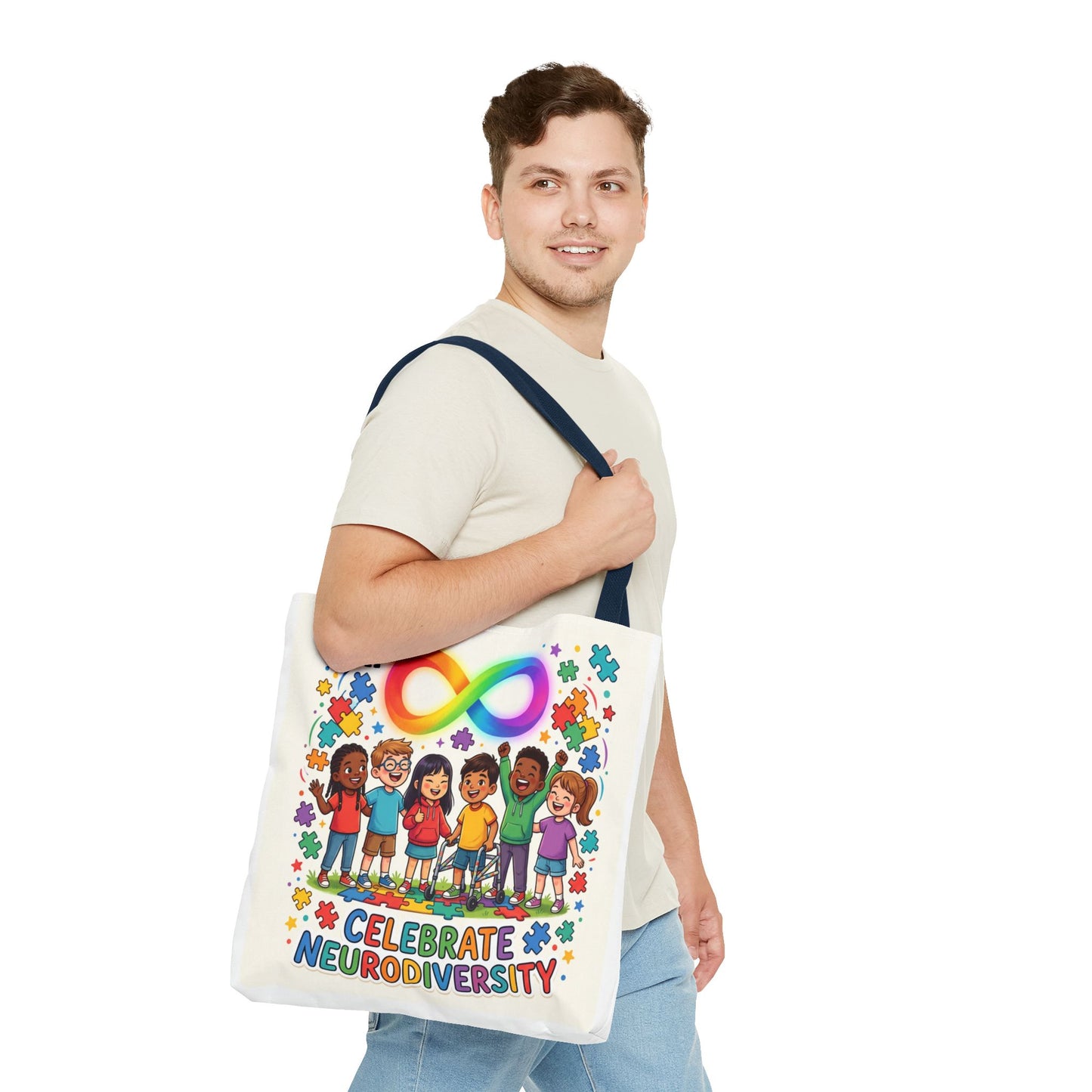 Celebrate Neurodiversity Tote Bag — Rainbow Infinity Symbol & Kids Design